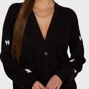 Lauren Moshi Women's Black With White Bows Jamila Puff Bow Cardigan XS
